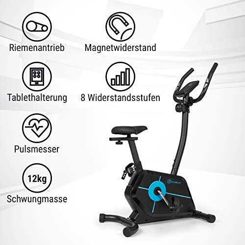 Klarfit Tauon - Bicicleta estática, Resistencia magnética con 8 Niveles, Soporte para Tablet, Pasamanos ergonómicos, Carga máx. 100 kg, Pantalla LC, Estructura de Metal, Ruedas de Transporte, Negro