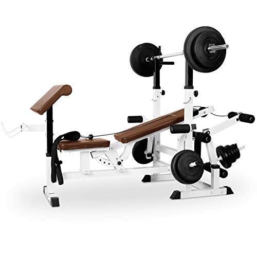 Klarfit Workout Hero 3000 - Banco de musculación multifunción, Entrenamiento con Cargas guiadas, Banco de Pesas, Press de banca, Remo, Curler piernas, Carga máxima 280 kg, Acero, Blanco floral