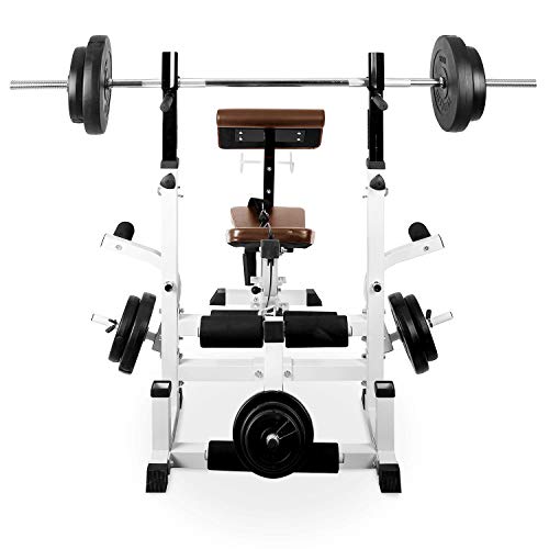 Klarfit Workout Hero 3000 - Banco de musculación multifunción, Entrenamiento con Cargas guiadas, Banco de Pesas, Press de banca, Remo, Curler piernas, Carga máxima 280 kg, Acero, Blanco floral