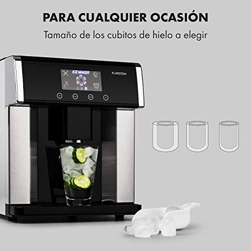 Klarstein Eiszeit - Máquina de cubitos de hielo, 3 tamaños, 10-15 kg/24h, Display LCD, Depósito de agua 3 L, Capacidad de hielo 600 g, Alarma, Carcasa acero inoxidable, Plateado