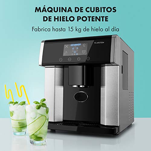 Klarstein Eiszeit - Máquina de cubitos de hielo, 3 tamaños, 10-15 kg/24h, Display LCD, Depósito de agua 3 L, Capacidad de hielo 600 g, Alarma, Carcasa acero inoxidable, Plateado