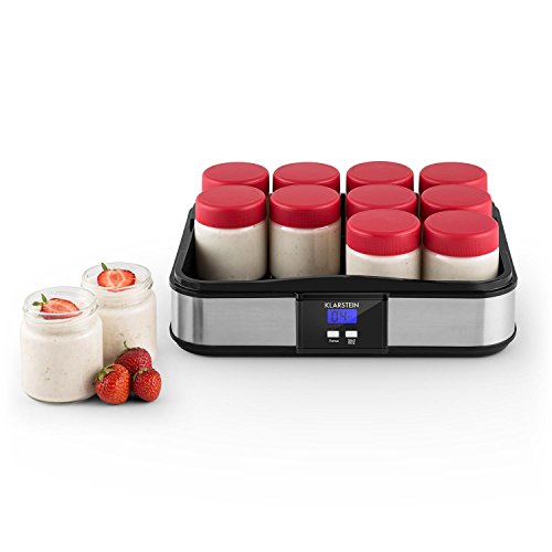 Klarstein Gaia Yogurtera (12 tarros 210 ml, volumen total 2,5 litros, temporizador, pantalla LCD, hasta 12 porciones yogur casero, máquina para preparar yogurt acero inoxidable, libre de BPA, negro