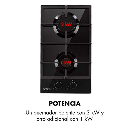 Klarstein Ignito Domino Placa de cocina - 2 fogones, Autárquico, 30 cm, Para montar, Quemador Sabaf, Gas natural/propano, Válvula de seguridad, Apagado automático, Vitrocerámica, Negro