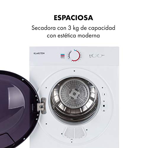 Klarstein Jet Set - Secadora de ropa por salida de aire, Potencia 1020 W, 2 niveles, Temporizador 20-200 min, Tambor de acero inoxidable, Capacidad 3 kg, 60 dB, Extractor, 49 x 69 x 47,5 cm, Blanco Klarstein Jet Set - Secadora de ropa por salida de aire, Potencia 1020 W, 2 niveles, Temporizador 20-200 min, Tambor de acero inoxidable, Capacidad 3 kg, 60 dB, Extractor, 49 x 69 x 47,5 cm, Blanco