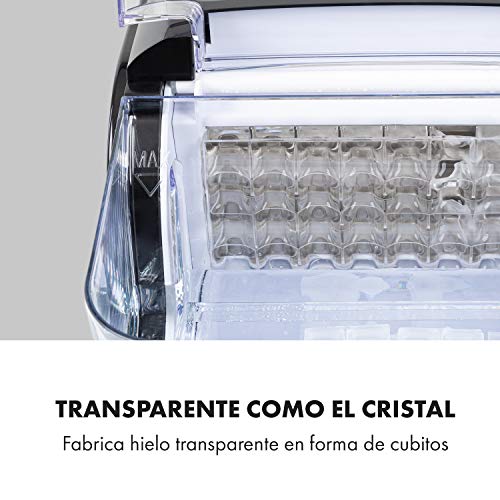 Klarstein Kristall XL máquina de hielo - hielo transparente, máquina de cubitos, cubitos de dos tamaños distintos, depósito de 2,5 litros, extraíble, recipiente de 600 gramos, plata-negro