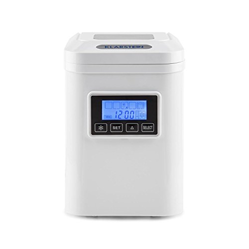 Klarstein Lannister White Edition - Máquina de cubitos de hielo, 10kg /día, 3 tamaños, Tanque 1,1l, Refrigerante R600a, Sistema cíclico, Display con pictogramas, Indicadores luminosos, Blanco