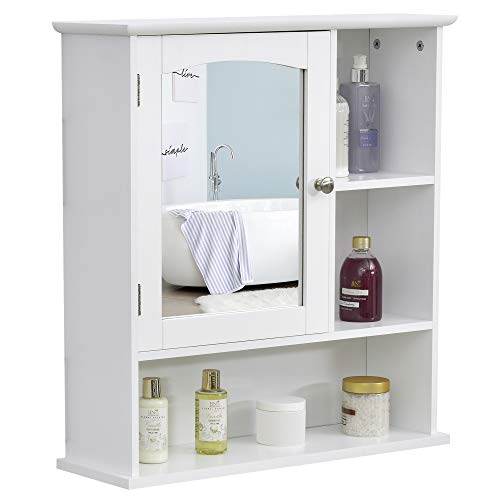 kleankin Armario de Baño con Espejo de Gran Almacenaje Armario Montado en la Pared con Estante Ajustable Interior y Estantes Abiertos 60x18x63 cm Blanco