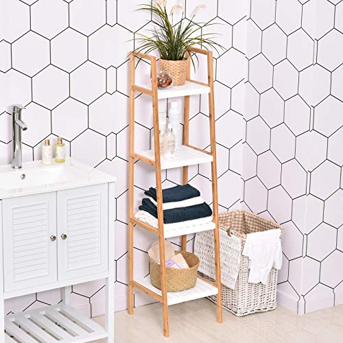 kleankin Estantería para Baño Almacenaje con 5 Niveles Estructura de Bambú y Estantes de Pino 35x36x138.5cm Blanco y Bambú Natural