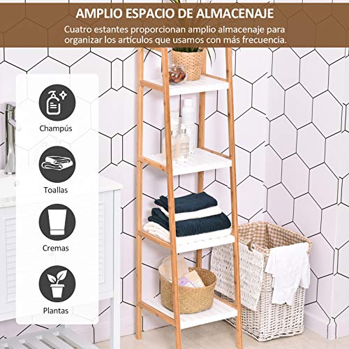 kleankin Estantería para Baño Almacenaje con 5 Niveles Estructura de Bambú y Estantes de Pino 35x36x138.5cm Blanco y Bambú Natural