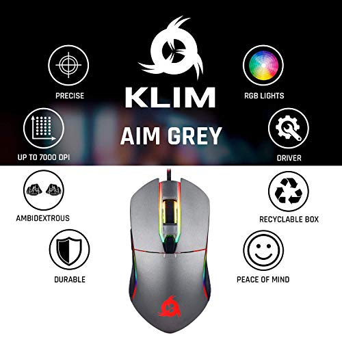 KLIM™ Aim - Ratón Gaming con Cable + Diseñado para Todos los Tamaños de Manos + Ratón Gamer RGB Personalizable, Programable, 500 a 7000 dpi + Agarre Ambidiestro + Compatible con PC y PS4 (Gris)