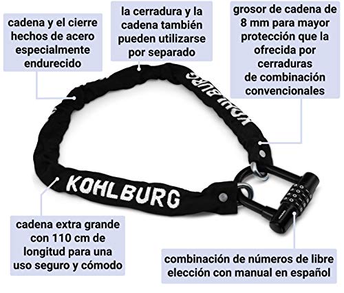 KOHLBURG candado de combinación Segura con Cadena Fuerte de 8mm - Cerrojo de Bicicleta Extra Largo de 110 cm con combinación de números - Cierre de Cadena para la Bicicleta