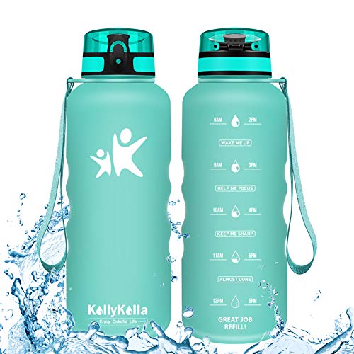 KollyKolla Botella Agua Sin BPA Deportes - 1.5L, Reutilizables Ecológica Tritan Plástico, Bebidas Botellas con Filtro & Marcador de Tiempo, para Cámping, Tapa Abatible de 1 Clic, Aguamarina Mate