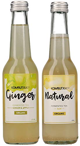 KOMBUTXA TE KOMBUCHA BEBIDA ECOLOGICA - Pack 2x275ml te fermentado bio organico bebida energetica sin azucar añadido quemagrasas (Pack 1ud Ginger + 1ud Natural)