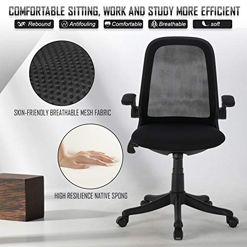 Komene Silla de Oficina Ergonómico, Silla de Escritorio de Malla con Respaldo en el Medio, Reposabrazos Abatible, Altura Ajustable, Cojín Grueso, Negro