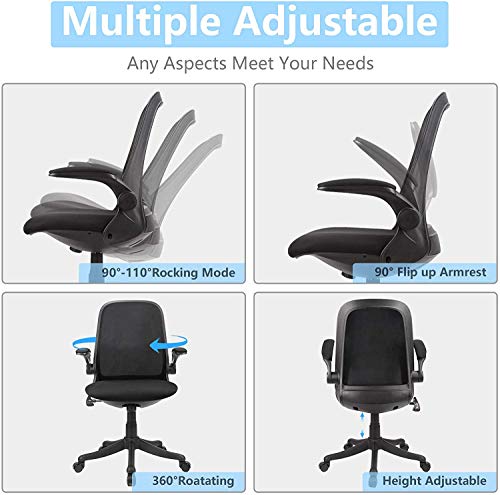 Komene Silla de Oficina Ergonómico, Silla de Escritorio de Malla con Respaldo en el Medio, Reposabrazos Abatible, Altura Ajustable, Cojín Grueso, Negro Komene Silla de Oficina Ergonómico, Silla de Escritorio de Malla con Respaldo en el Medio, Reposabrazos Abatible, Altura Ajustable, Cojín Grueso, Negro
