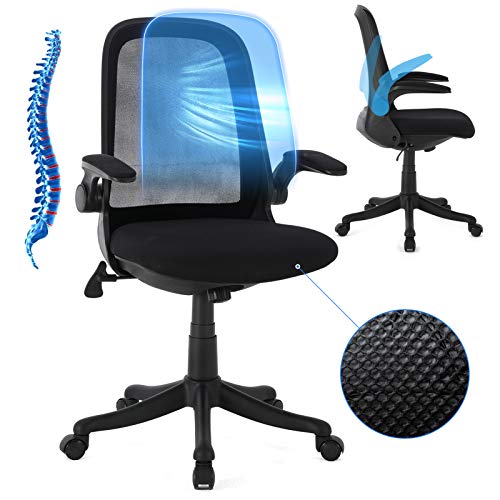 Komene Silla de Oficina Ergonómico, Silla de Escritorio de Malla con Respaldo en el Medio, Reposabrazos Abatible, Altura Ajustable, Cojín Grueso, Negro