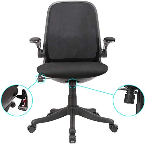 Komene Silla de Oficina Ergonómico, Silla de Escritorio de Malla con Respaldo en el Medio, Reposabrazos Abatible, Altura Ajustable, Cojín Grueso, Negro