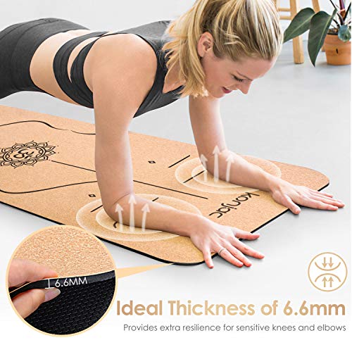 konjac Esterillas Yoga, Esterilla Deporte, Colchoneta Yoga de Corcho, Esterillas Yoga Antideslizante Hecha de Material Natural con Sistema de Línea, Yoga Mat de 183x65cm, 6mm (Negro)