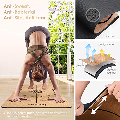 konjac Esterillas Yoga, Esterilla Deporte, Colchoneta Yoga de Corcho, Esterillas Yoga Antideslizante Hecha de Material Natural con Sistema de Línea, Yoga Mat de 183x65cm, 6mm (Negro)