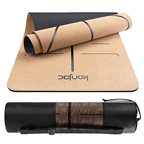 konjac Esterillas Yoga, Esterilla Deporte, Colchoneta Yoga de Corcho, Esterillas Yoga Antideslizante Hecha de Material Natural con Sistema de Línea, Yoga Mat de 183x65cm, 6mm (Negro)