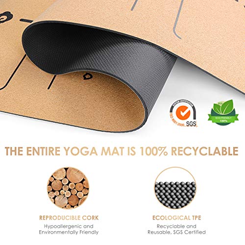 konjac Esterillas Yoga, Esterilla Deporte, Colchoneta Yoga de Corcho, Esterillas Yoga Antideslizante Hecha de Material Natural con Sistema de Línea, Yoga Mat de 183x65cm, 6mm (Negro)