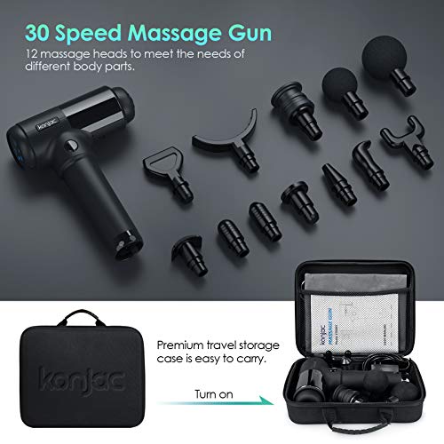 konjac Pistola Masaje, Massage Gun Masajeador Muscular de Percusión de Tejido Profundo con 30 Niveles Ajustables, 12 Cabezas de Masaje para Relajación Recuperación Fatiga