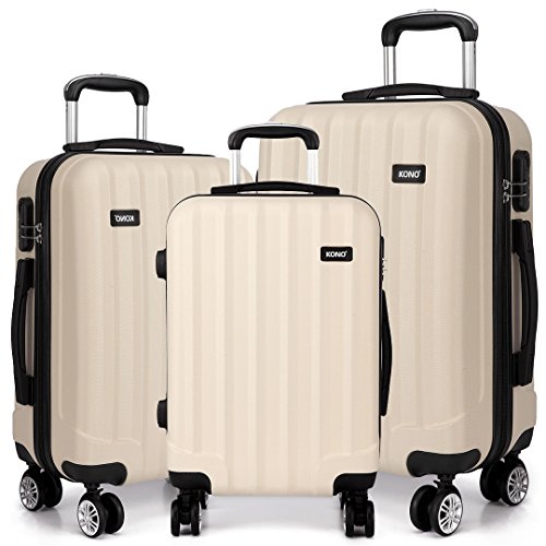 Kono Set de 3 Piezas Maletas de ABS con Esculpido en Forma Vertical,4 Ruedas (Set de 3,Beige)