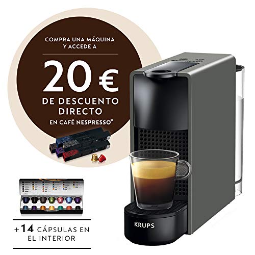 Krups Nespresso XN110B Krups Essenza Mini - Cafetera monodosis de cápsulas Nespresso, compacta, 19 bares, apagado automático, color gris (Pack Cápsulas bienvenida incluido)