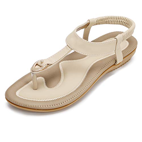 KUONUO Sandalias Mujeres Bohe Rhinestone Moda Plano Talla Grande Bohemia Sandalias Casuales Zapatos de Playa Sandalias Romanas Chanclas de Damas, Beige, 41 EU