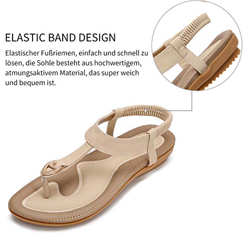 KUONUO Sandalias Mujeres Bohe Rhinestone Moda Plano Talla Grande Bohemia Sandalias Casuales Zapatos de Playa Sandalias Romanas Chanclas de Damas, Beige, 41 EU