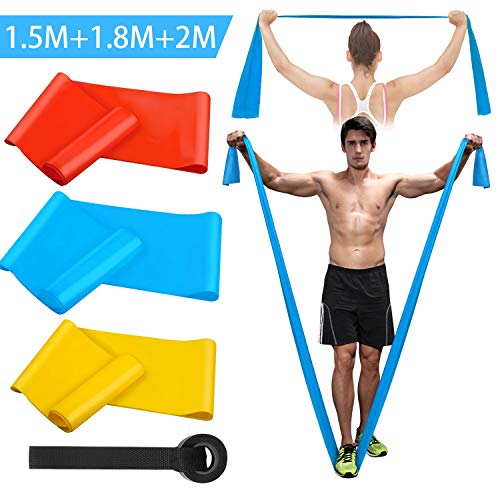 Kuyang Bandas Elasticas Fitness, 3 Piezas 1.5M/1.8M/2.0M Bandas de Resistencia con 3 Niveles, Cintas Elasticas Fitness para Yoga, Pilates, Crossfit, Estiramientos, Muscular, Piernas, Brazos, Fuerza