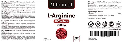 L-Arginina 100% Pura, 700 mg, 360 Cápsulas | Vasodilatador, favorece el rendimiento atlético y el desarrollo muscular | Vegano, libre de aditivos, sin Gluten