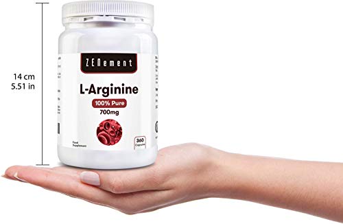 L-Arginina 100% Pura, 700 mg, 360 Cápsulas | Vasodilatador, favorece el rendimiento atlético y el desarrollo muscular | Vegano, libre de aditivos, sin Gluten