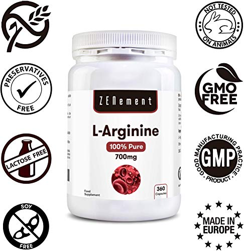 L-Arginina 100% Pura, 700 mg, 360 Cápsulas | Vasodilatador, favorece el rendimiento atlético y el desarrollo muscular | Vegano, libre de aditivos, sin Gluten