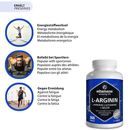 L-Arginina Capsulas 4500 mg, 360 Comprimidos con Formula Vital B6, B12 + Acido Folico + Selenio y Piperina para 3 Meses, sin Aditivos Innecesarios