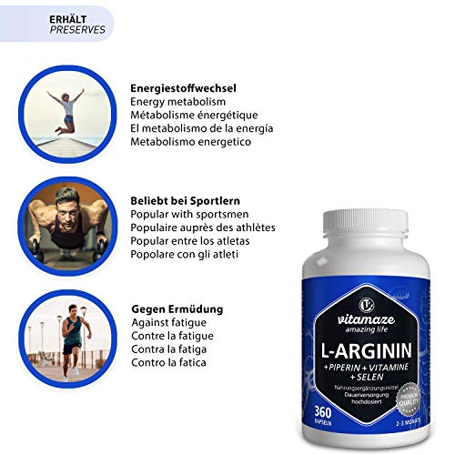 L-Arginina Capsulas 4500 mg, 360 Comprimidos con Formula Vital B6, B12 + Acido Folico + Selenio y Piperina para 3 Meses, sin Aditivos Innecesarios L-Arginina Capsulas 4500 mg, 360 Comprimidos con Formula Vital B6, B12 + Acido Folico + Selenio y Piperina para 3 Meses, sin Aditivos Innecesarios