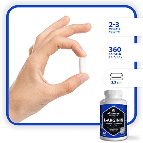 L-Arginina Capsulas 4500 mg, 360 Comprimidos con Formula Vital B6, B12 + Acido Folico + Selenio y Piperina para 3 Meses, sin Aditivos Innecesarios L-Arginina Capsulas 4500 mg, 360 Comprimidos con Formula Vital B6, B12 + Acido Folico + Selenio y Piperina para 3 Meses, sin Aditivos Innecesarios