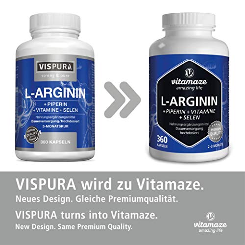 L-Arginina Capsulas 4500 mg, 360 Comprimidos con Formula Vital B6, B12 + Acido Folico + Selenio y Piperina para 3 Meses, sin Aditivos Innecesarios