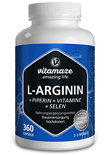 L-Arginina Capsulas 4500 mg, 360 Comprimidos con Formula Vital B6, B12 + Acido Folico + Selenio y Piperina para 3 Meses, sin Aditivos Innecesarios