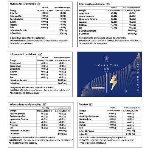 L Carnitina 150 cápsulas alta concentración 2000 mg – Suplemento de L-Carnitina Tartrato, alta biodisponibilidad - Sin Estearato de Magnesio - Fabricado CE - N2 Natural Nutrition