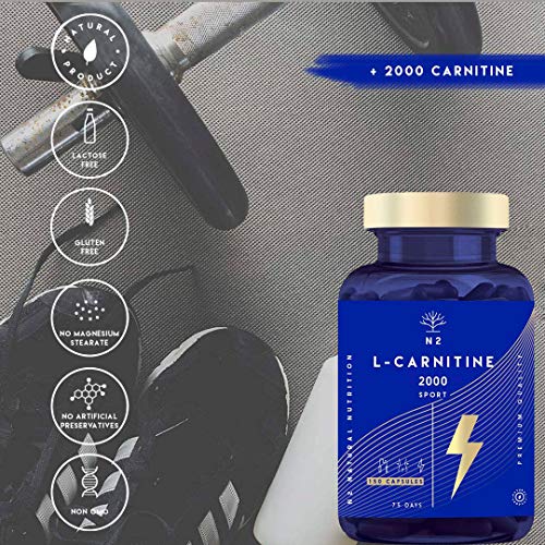 L Carnitina 150 cápsulas alta concentración 2000 mg – Suplemento de L-Carnitina Tartrato, alta biodisponibilidad - Sin Estearato de Magnesio - Fabricado CE - N2 Natural Nutrition