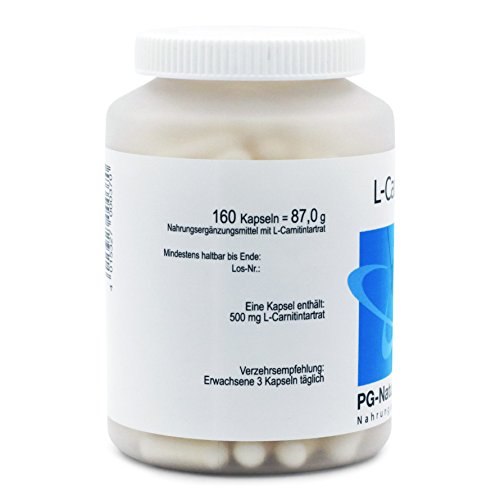 L-Carnitina capsulas - 1 cápsula con 500 mg de L-Carnitina, dosis altas, 160 cápsulas, de Alemania, suministro de 2 meses