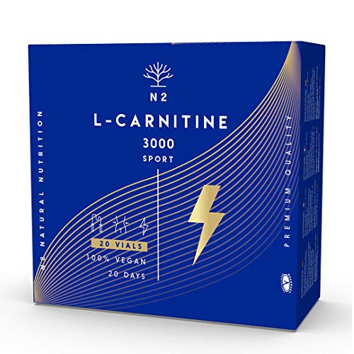 L CARNITINA Liquida 3000 mg.Suplemento Deportivo L-Carnitina Natural-Quemagrasas Líquido-Alta Absorción-Mejor Rendimiento.20 Viales-Facil Apertura-No se Rompen.Certificado VEGANO. N2 Natural Nutrition