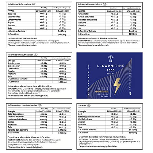 L-CARNITINA Natural 1500 Complemento L Carnitina Quemagrasas Mejora Energía Resistencia Rendimiento Deportivo Ayuda Adelgazar. 120 Cápsulas Vegetal 1500 mg CE Certificado VEGANO.N2 Natural Nutrition