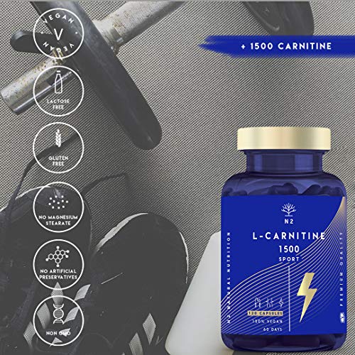 L-CARNITINA Natural 1500 Complemento L Carnitina Quemagrasas Mejora Energía Resistencia Rendimiento Deportivo Ayuda Adelgazar. 120 Cápsulas Vegetal 1500 mg CE Certificado VEGANO.N2 Natural Nutrition