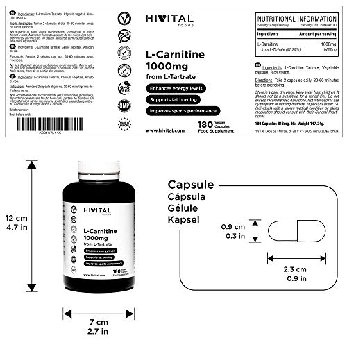 L-Carnitina pura 1000 mg | 180 cápsulas veganas | La L Carnitina ayuda a perder peso y quemar grasa. Aumenta la resistencia y la energía, mejorando la musculatura y el rendimiento deportivo