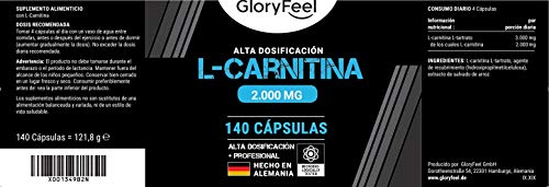 L Carnitina Pura 2000 mg - 140 Cápsulas Veganas - Potente Quemagrasas con 3000 mg L-Carnitina Tartrato - Suplemento deportivo natural para la perdida de peso