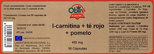L-carnitina + té rojo + pomelo 495 mg. 90 cápsulas