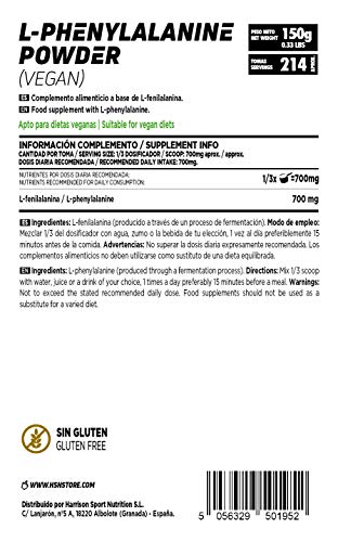 L-Fenilalanina de HSN | L-Phenylalanine Powder | 100% Pura en Polvo | Aminoácidos Esencial | Suplemento para Masa Muscular | Vegano, Sin Gluten, Sin Lactosa, Sabor Natural, En Polvo, 150 gr