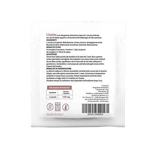 L-Leucina 1250 mg. 48 sobres de polvo. Vegano Sin Lactosa ni Gluten. Complemento alimenticio de aminoácidos esenciales. Sabor a naranja - MyLab Nutrition (48)